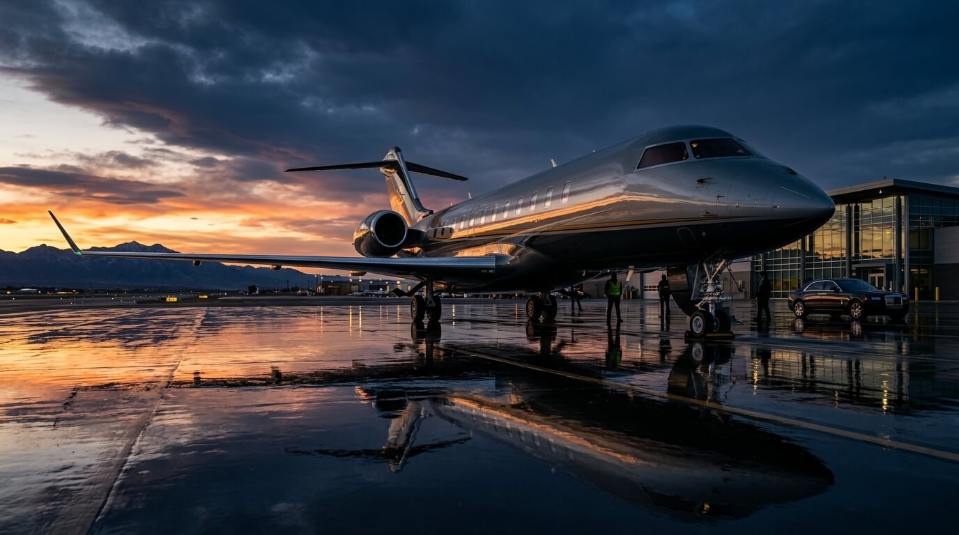 Executive private jet on tarmac at sunset