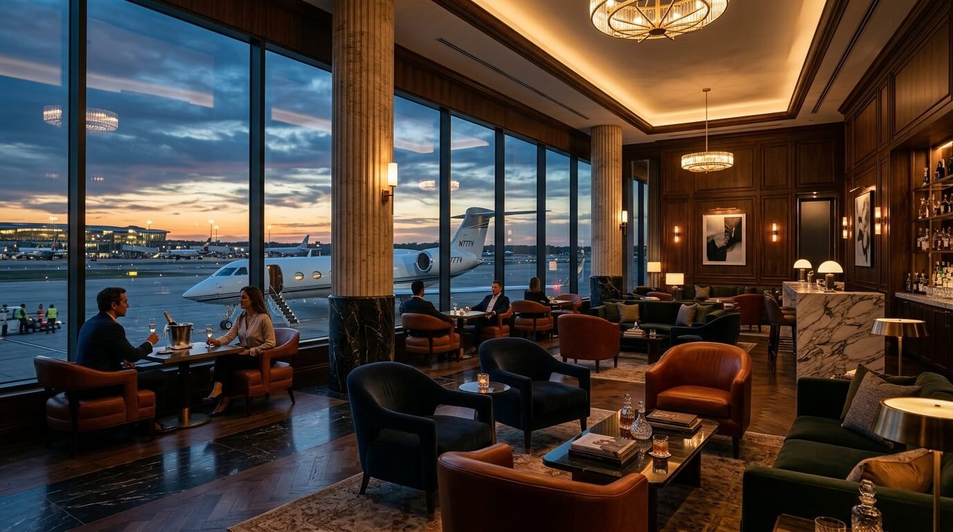 Luxury airport executive lounge overlooking tarmac at twilight