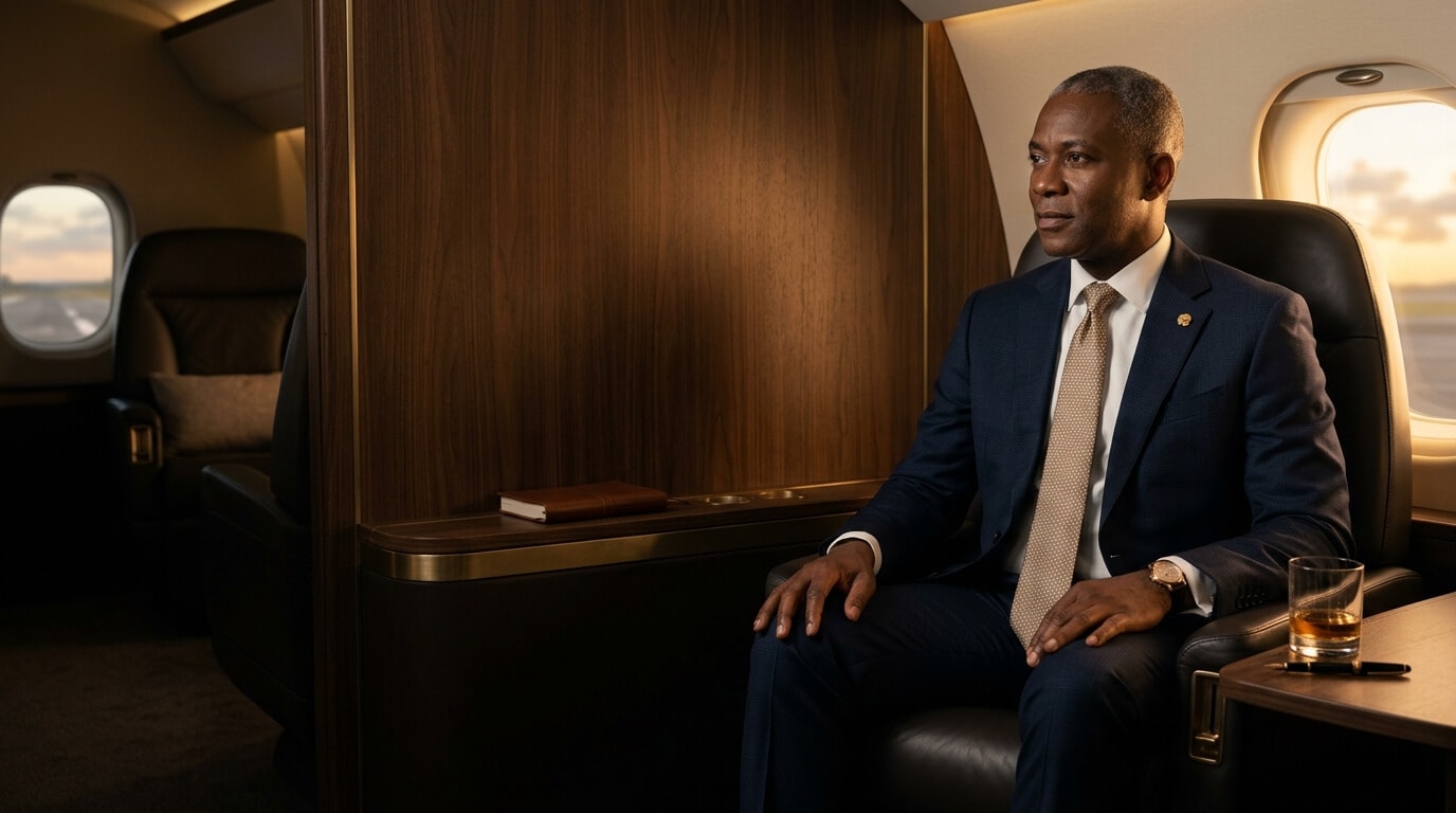 Distinguished Nigerian executive travelling in bespoke luxury comfort